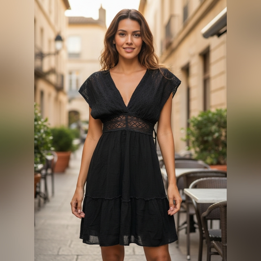 Raviya Black Midi Dress with Lace Detail
